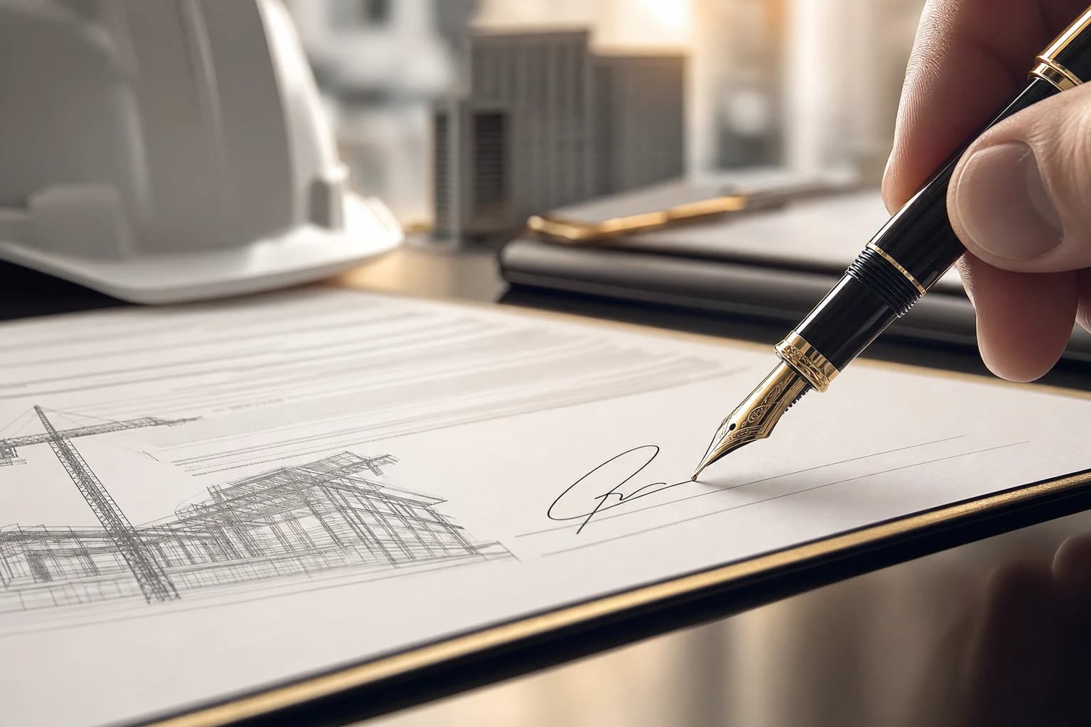 A luxury fountain pen signing a detailed construction contract