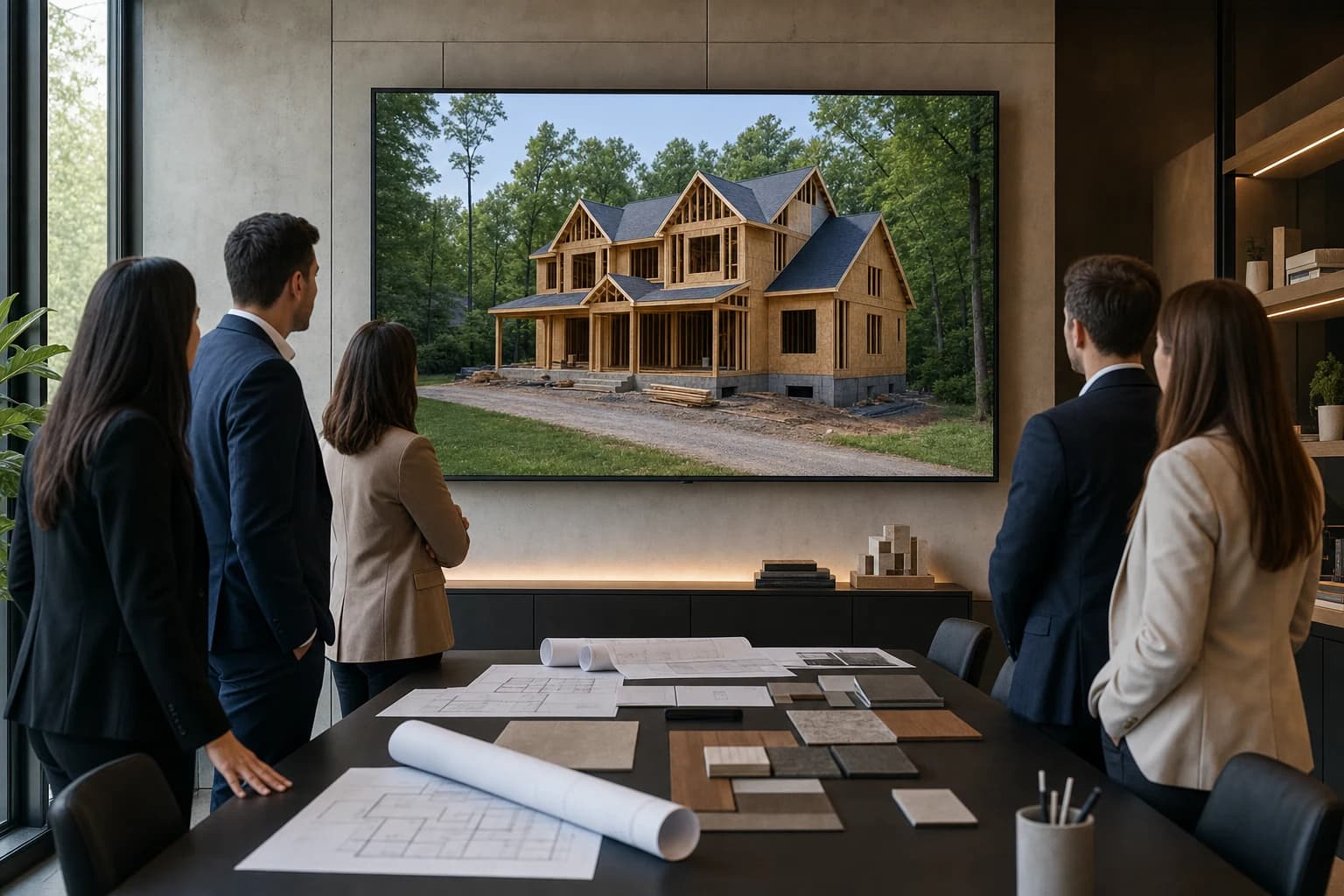 Design-build professionals reviewing a 3D architectural rendering in a luxury conference room
