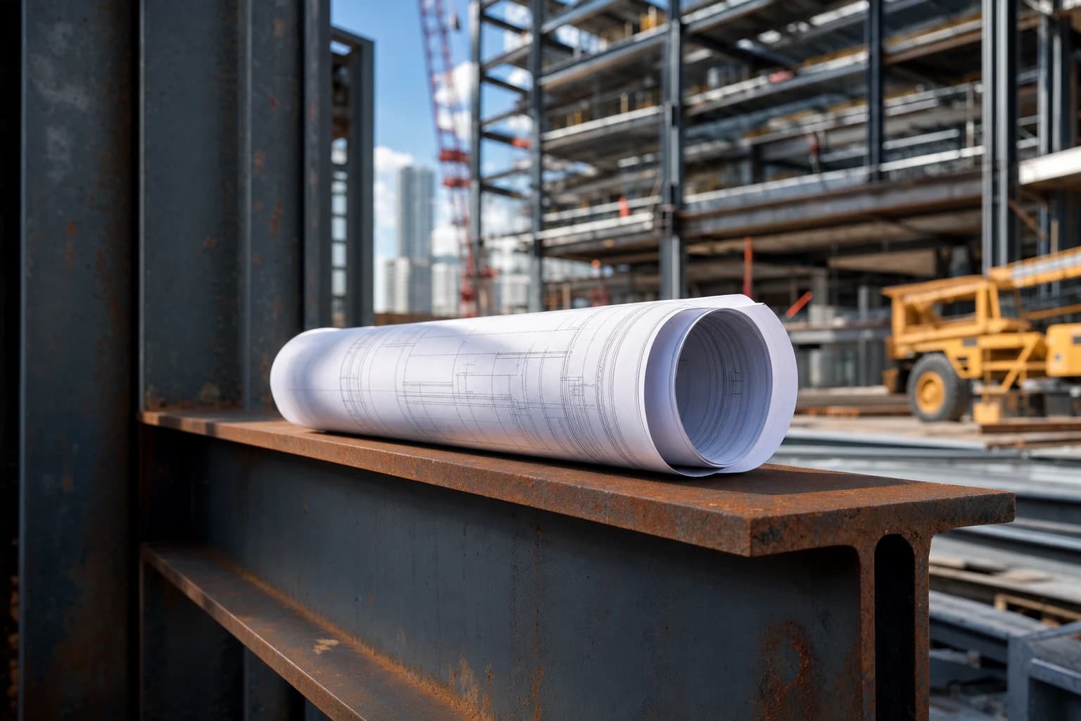Architectural blueprints resting on raw structural steel in a high-end construction environment