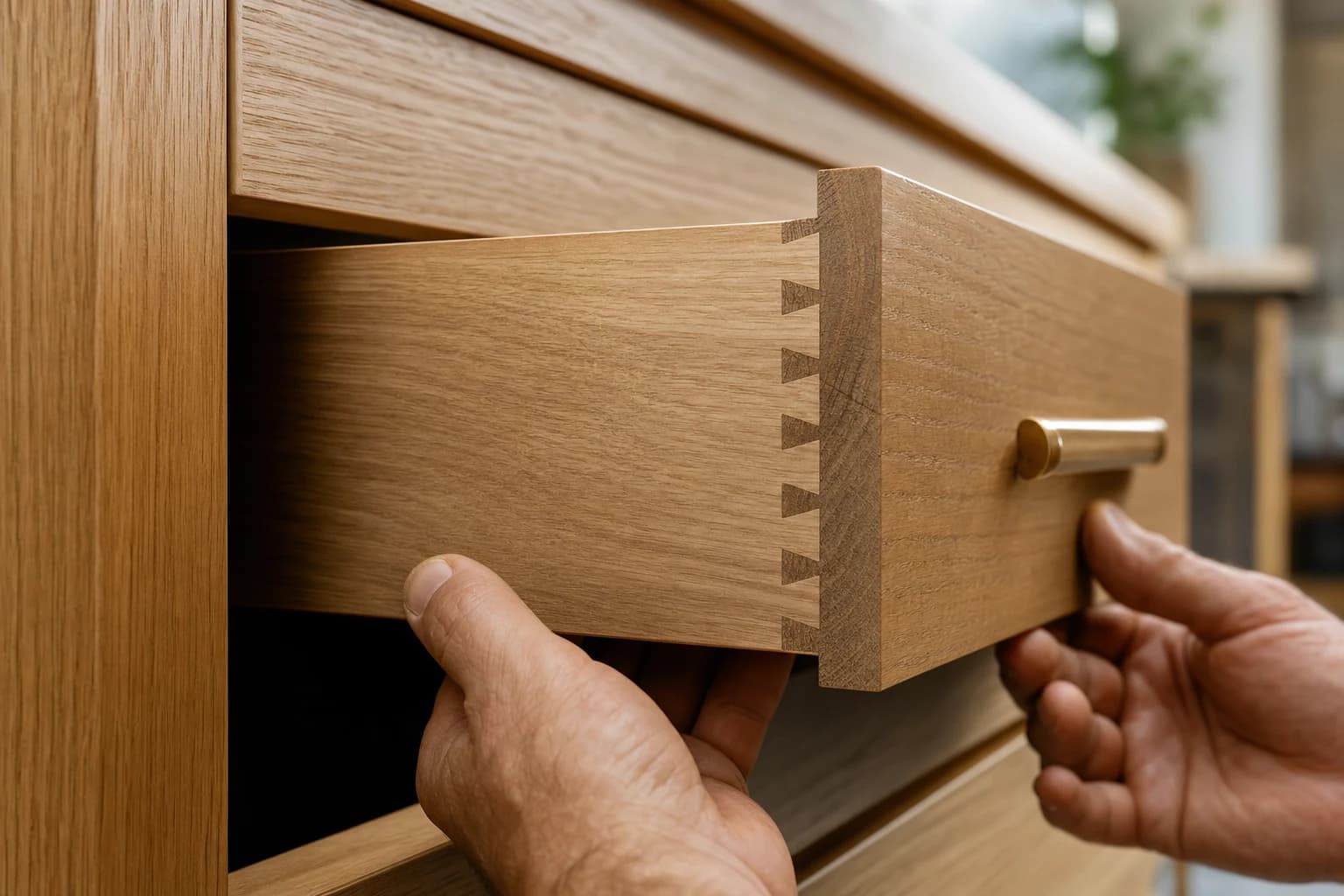 A master carpenter adjusting a custom dovetail drawer in a white oak kitchen