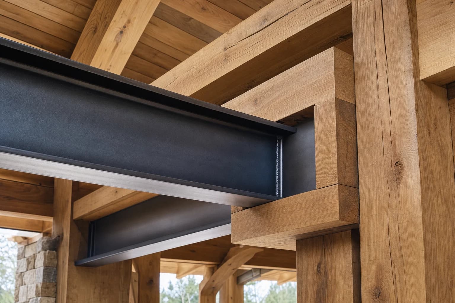 Heavy commercial-grade steel I-beams integrated into thick timber framing