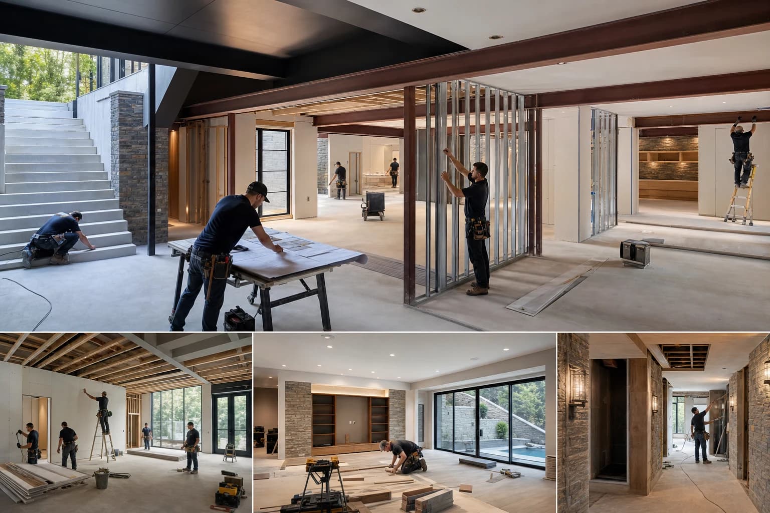 Professional construction crew executing a Basement Renovations on a complex luxury site in Aldie, Virginia