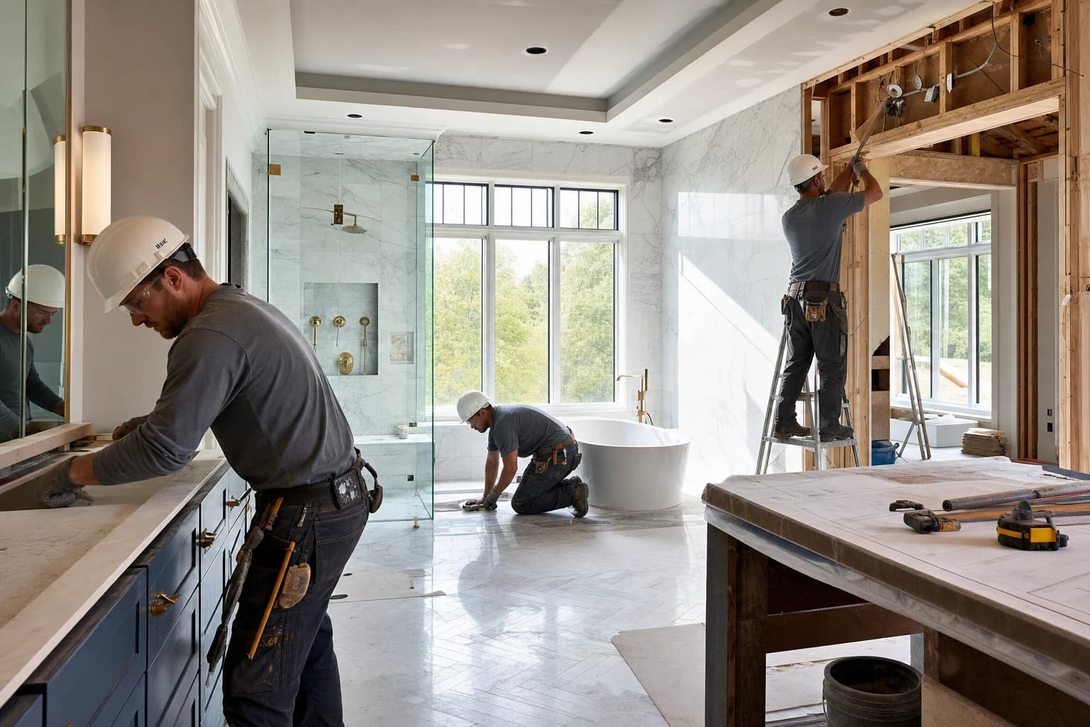 Professional construction crew executing a Bathroom Remodeling on a complex luxury site in Aldie, Virginia