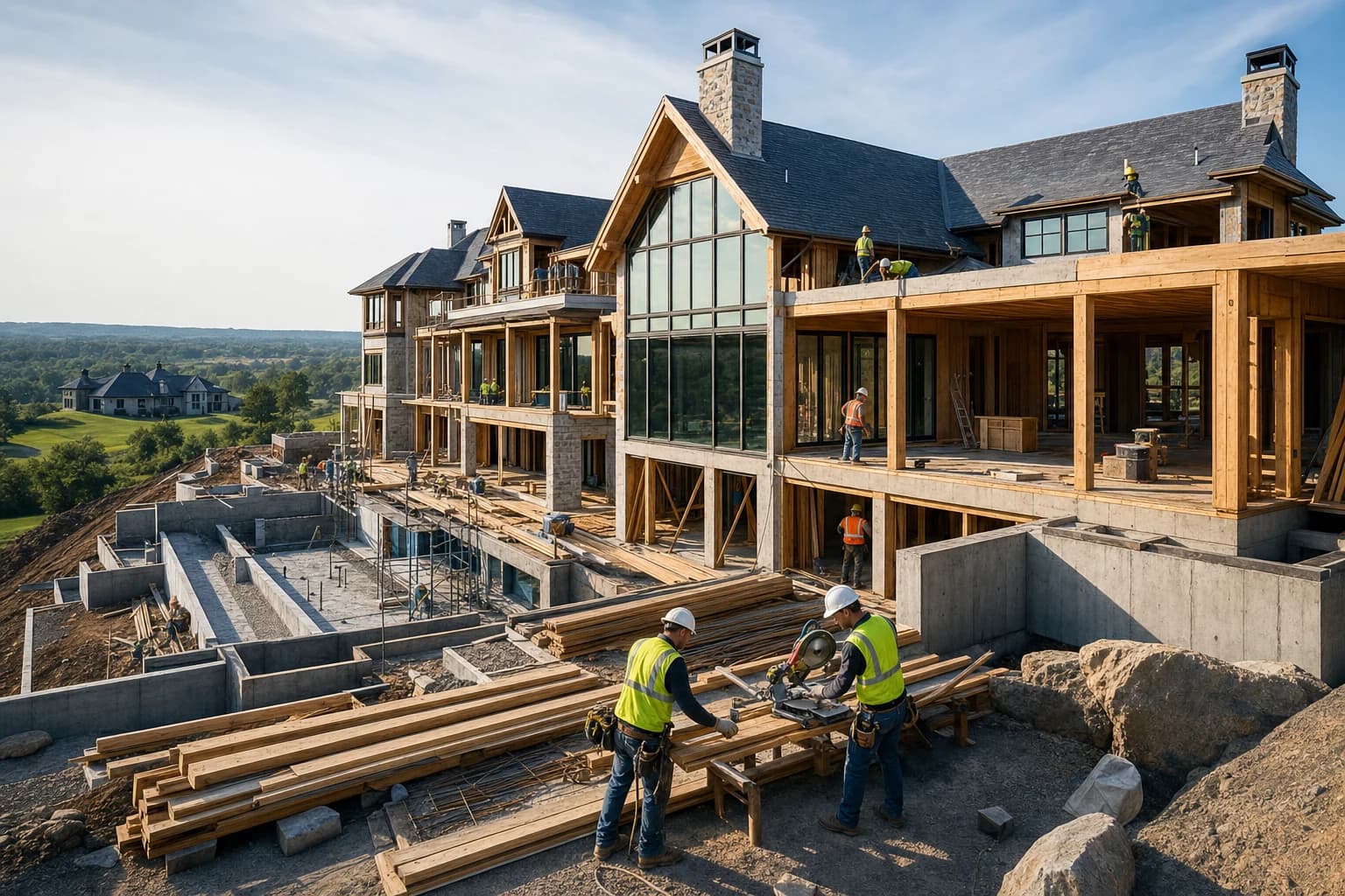 Professional construction crew executing a Custom Homes on a complex luxury site in Aldie, Virginia