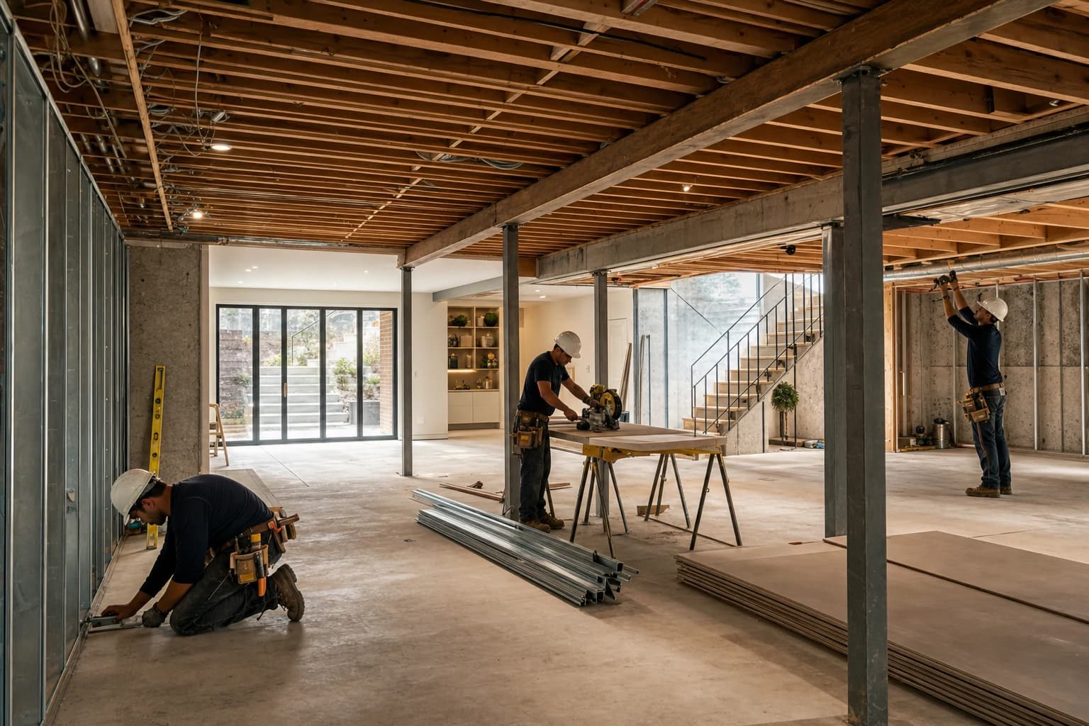 Professional construction crew executing a Basement Renovations on a complex luxury site in Alexandria, Virginia