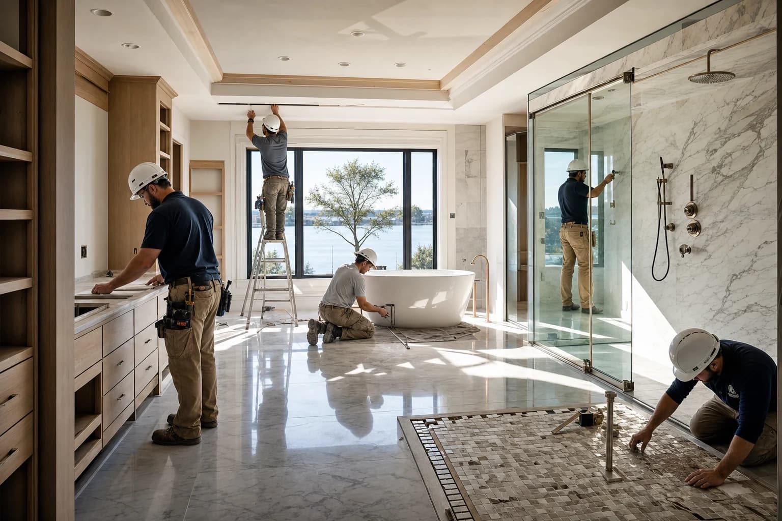 Professional construction crew executing a Bathroom Remodeling on a complex luxury site in Alexandria, Virginia