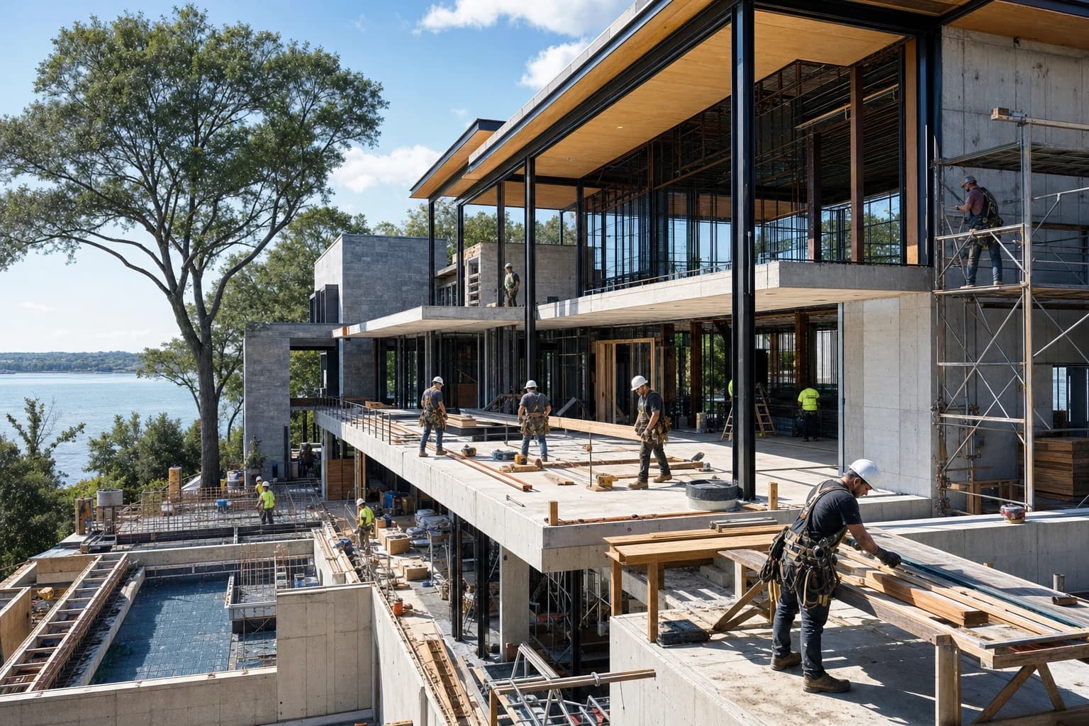 Professional construction crew executing a Custom Homes on a complex luxury site in Alexandria, Virginia