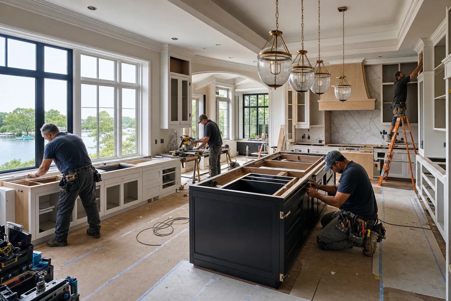 Professional construction crew executing a Kitchen Remodeling on a complex luxury site in Alexandria, Virginia