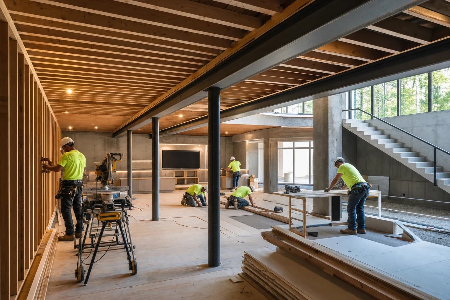 Professional construction crew executing a Basement Renovations on a complex luxury site in Chantilly, Virginia