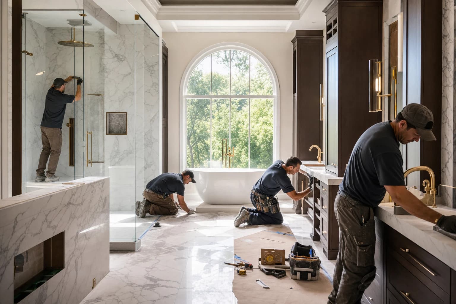 Professional construction crew executing a Bathroom Remodeling on a complex luxury site in Chantilly, Virginia