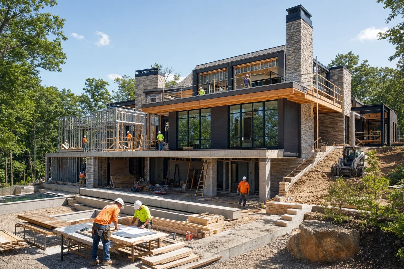 Professional construction crew executing a Custom Homes on a complex luxury site in Chantilly, Virginia