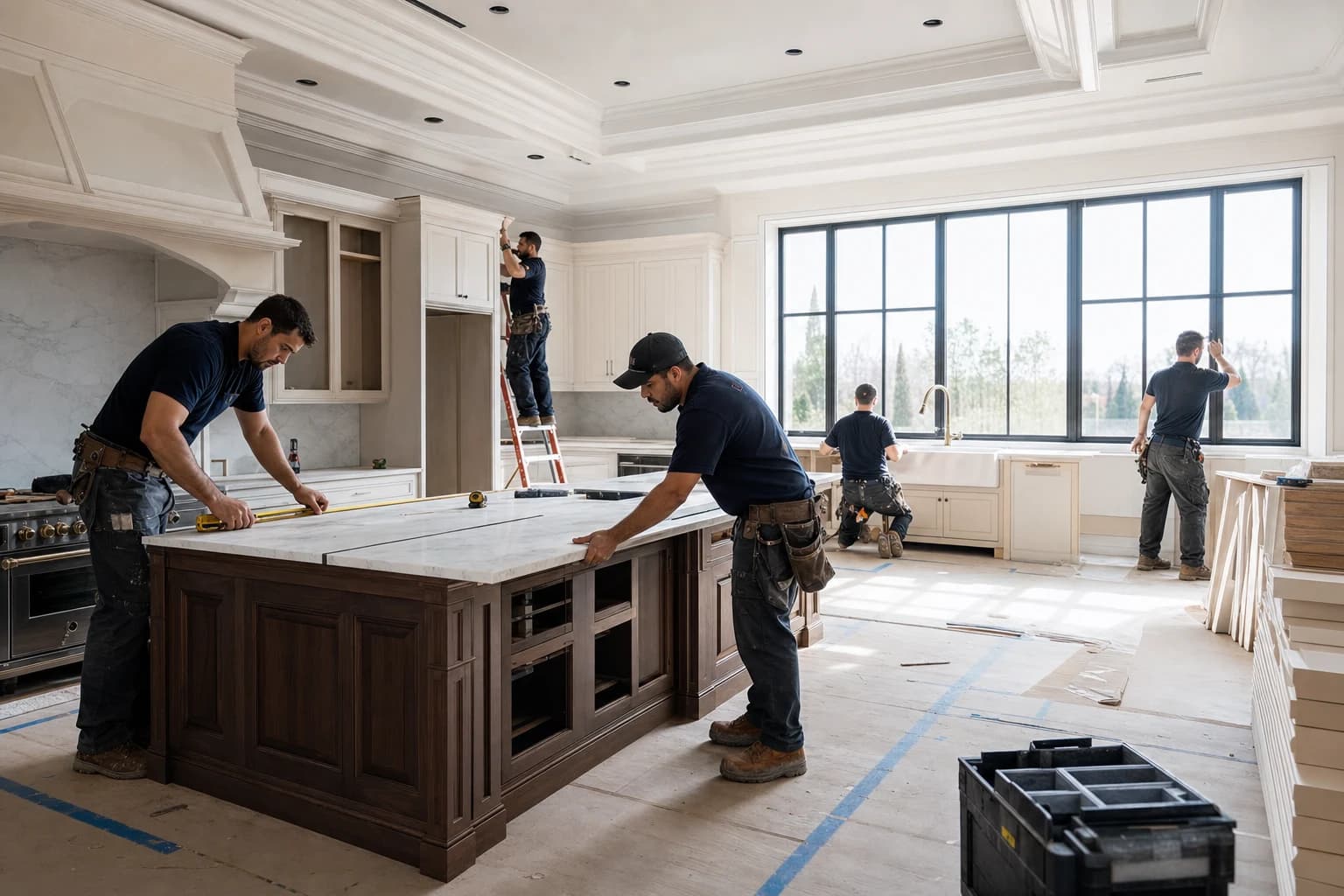 Professional construction crew executing a Kitchen Remodeling on a complex luxury site in Chantilly, Virginia