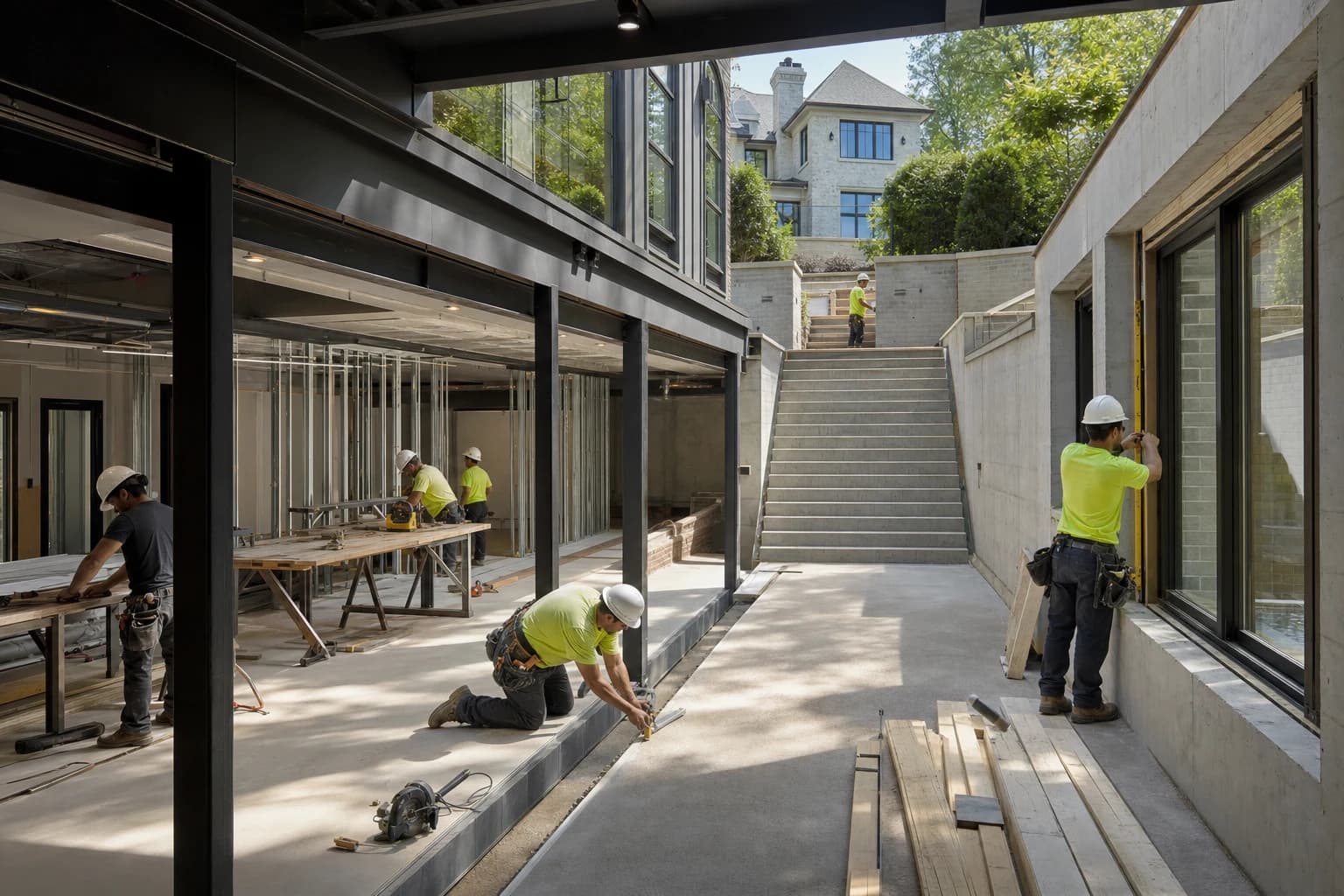 Professional construction crew executing a Basement Renovations on a complex luxury site in Clifton, Virginia