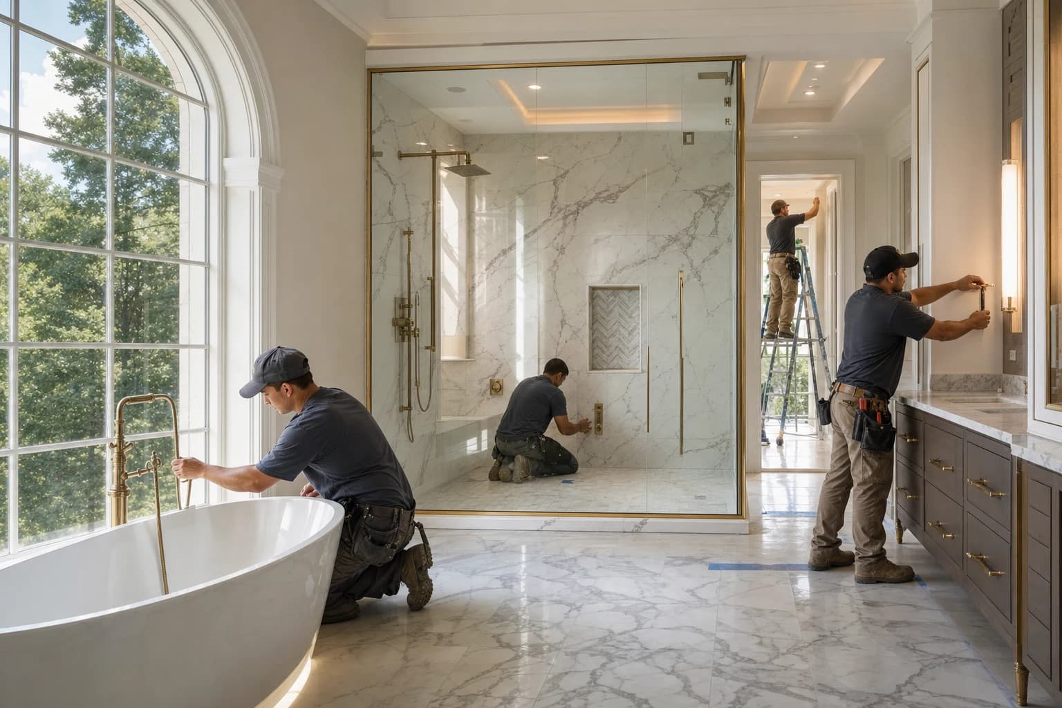 Professional construction crew executing a Bathroom Remodeling on a complex luxury site in Clifton, Virginia