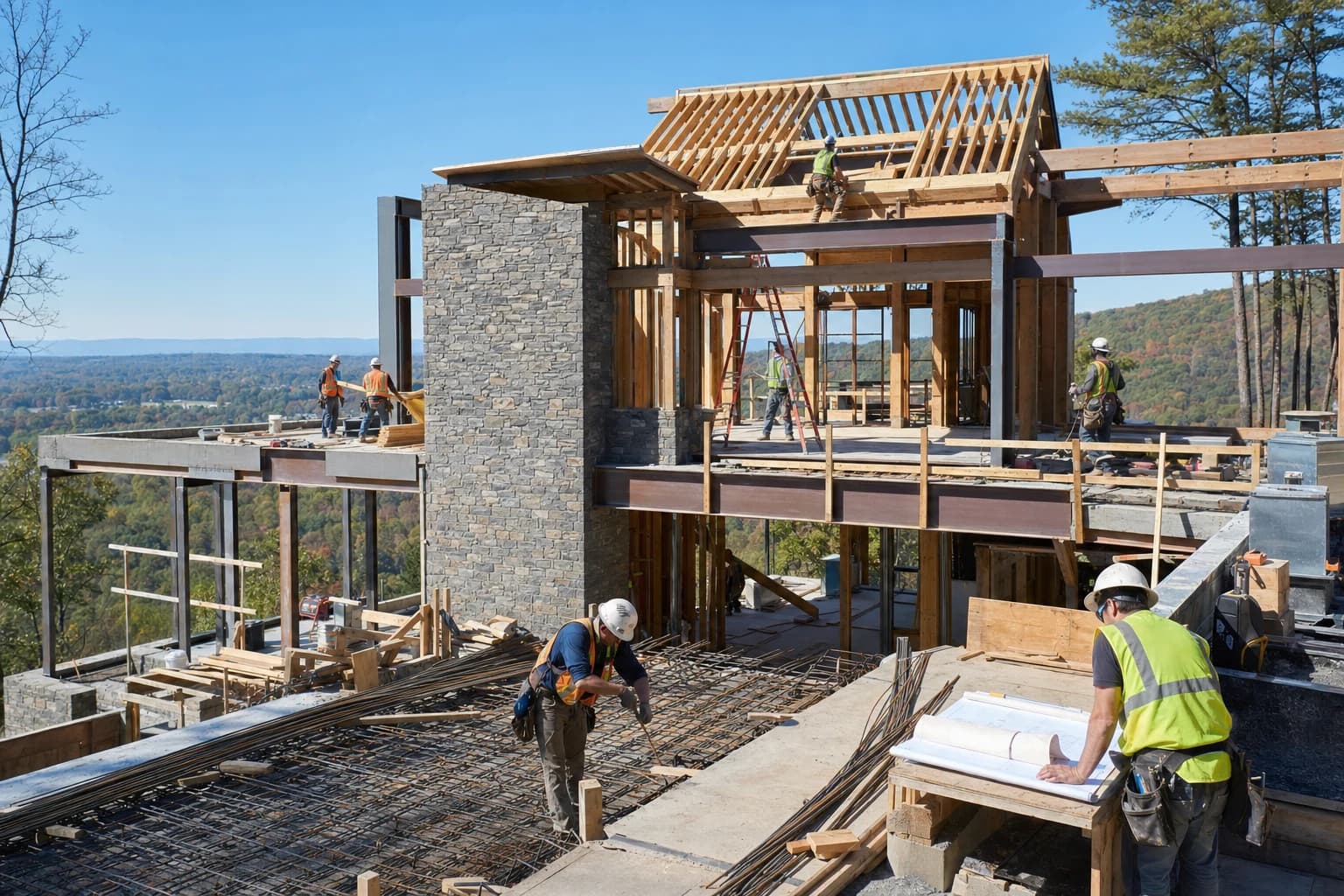 Professional construction crew executing a Custom Homes on a complex luxury site in Clifton, Virginia