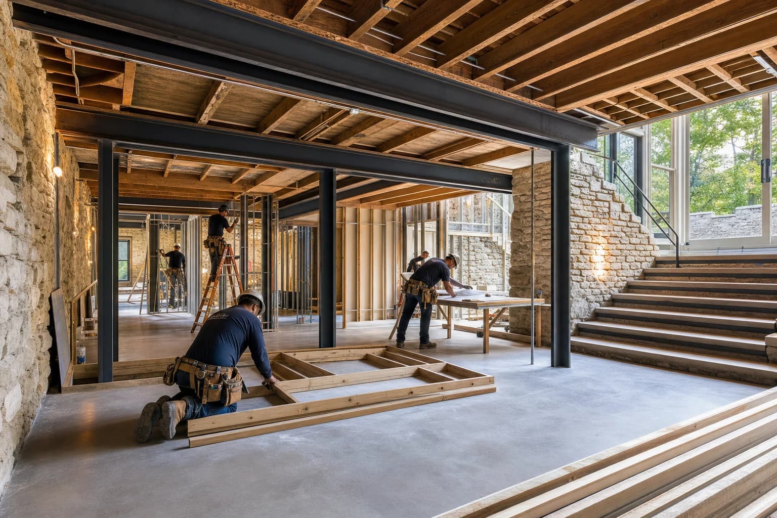 Professional construction crew executing a Basement Renovations on a complex luxury site in Delaplane, Virginia