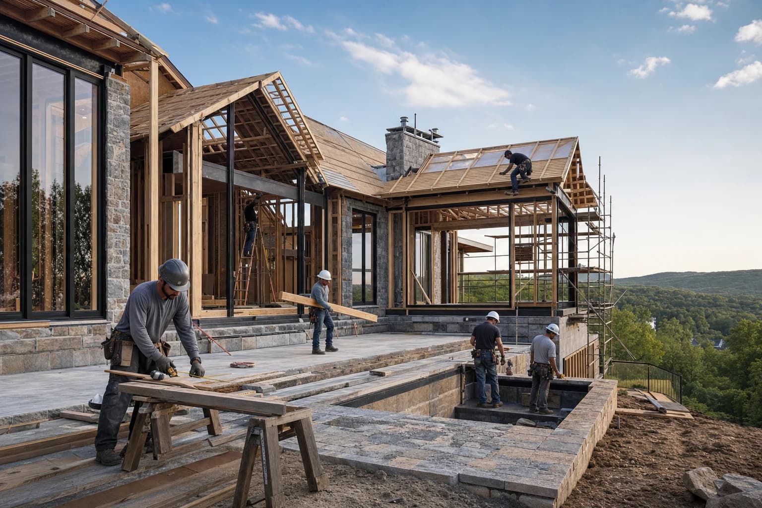 Professional construction crew executing a Custom Homes on a complex luxury site in Delaplane, Virginia