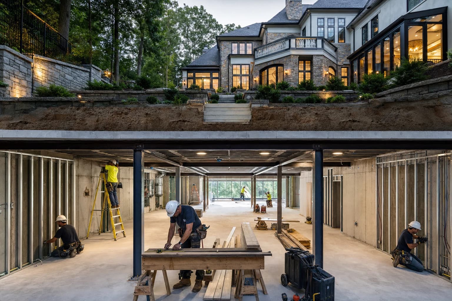 Professional construction crew executing a Basement Renovations on a complex luxury site in Fairfax Station, Virginia