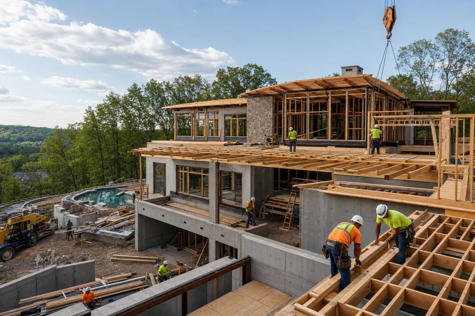 Professional construction crew executing a Custom Homes on a complex luxury site in Fairfax Station, Virginia
