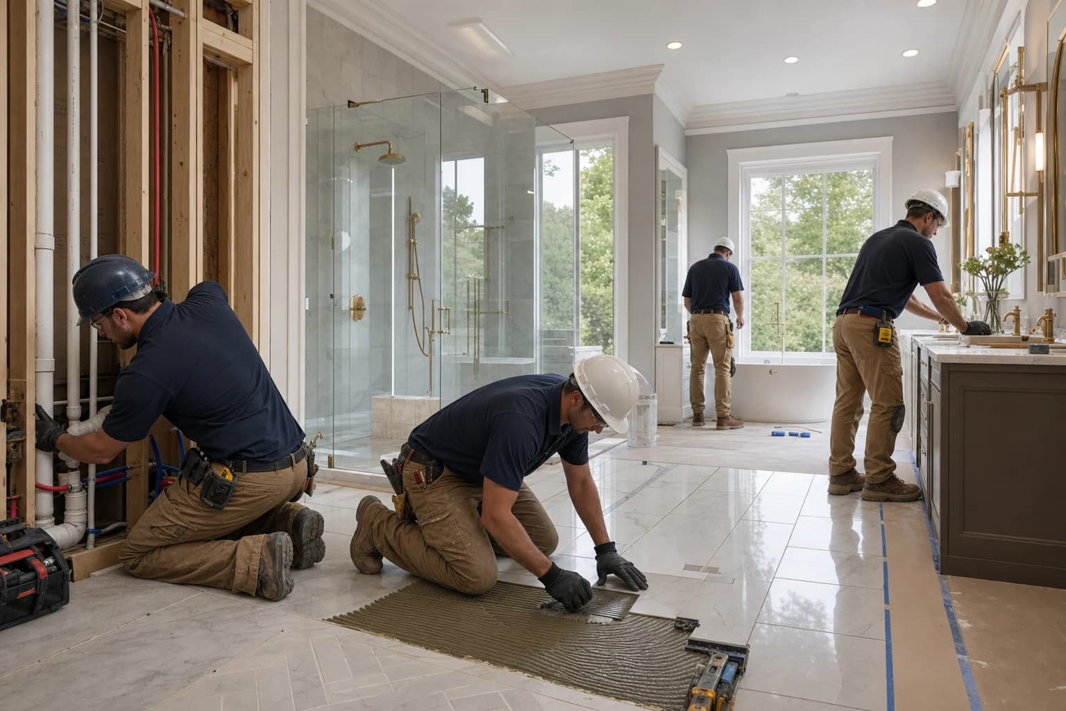 Professional construction crew executing a Bathroom Remodeling on a complex luxury site in Falls Church City, Virginia