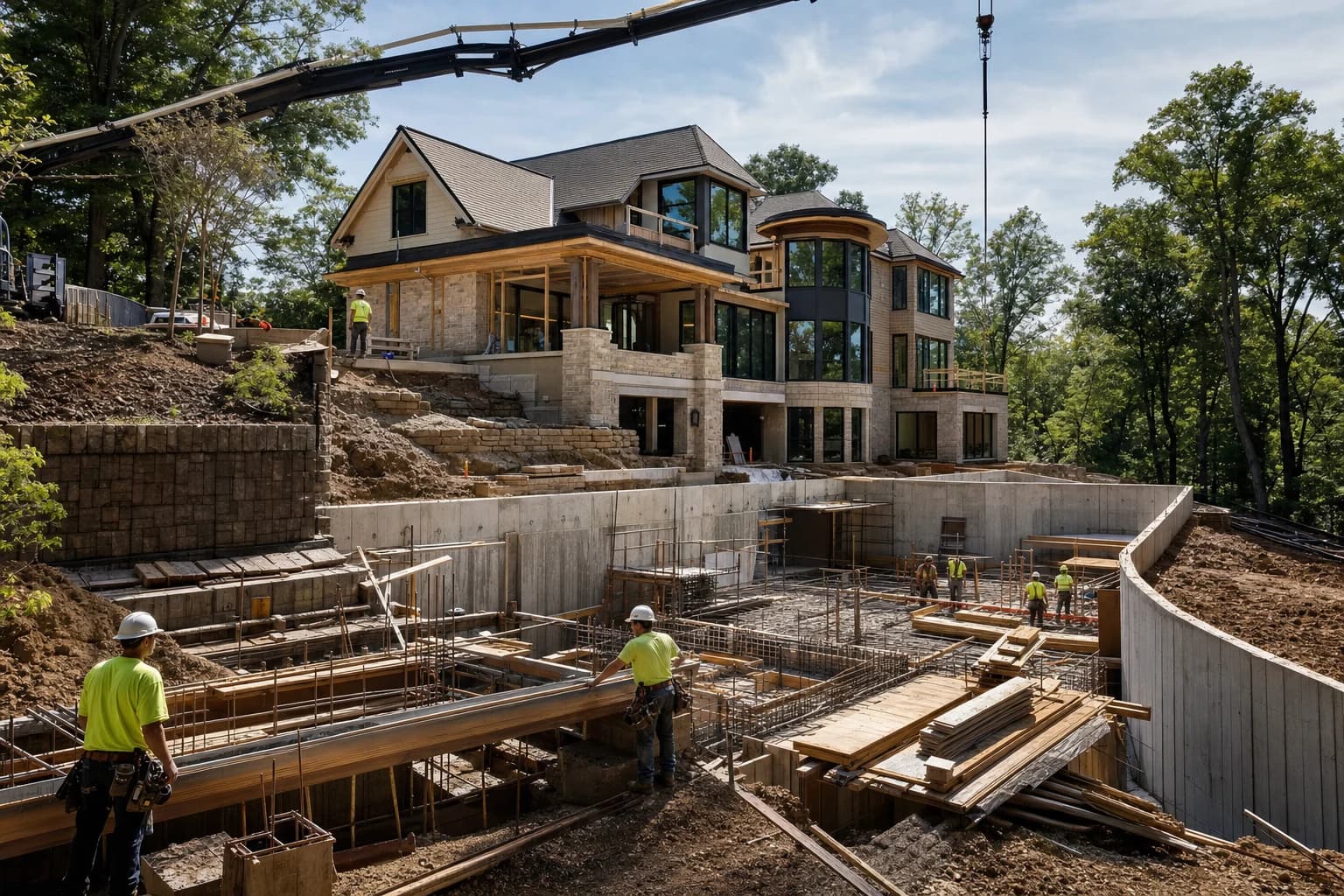 Professional construction crew executing a Custom Homes on a complex luxury site in Falls Church City, Virginia