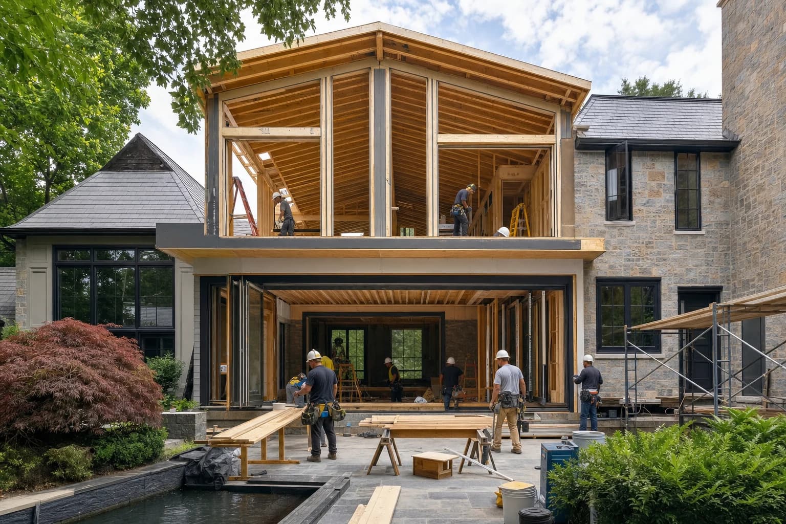 Professional construction crew executing a Home Additions on a complex luxury site in Falls Church City, Virginia