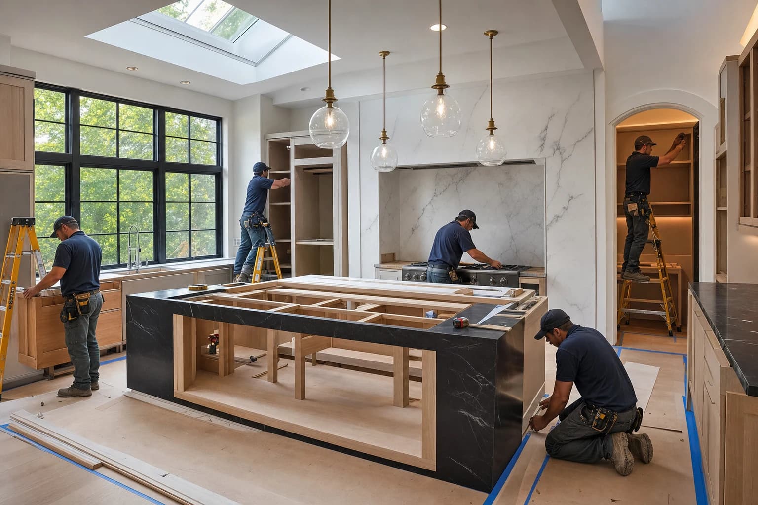 Professional construction crew executing a Kitchen Remodeling on a complex luxury site in Falls Church City, Virginia