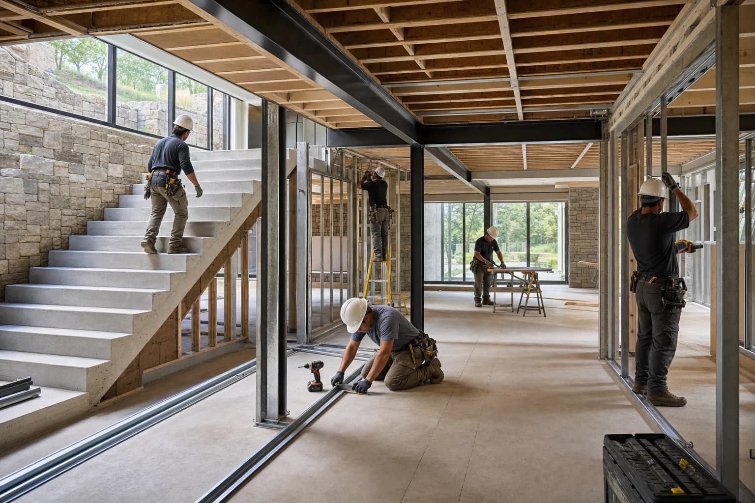 Professional construction crew executing a Basement Renovations on a complex luxury site in Fredericksburg, Virginia