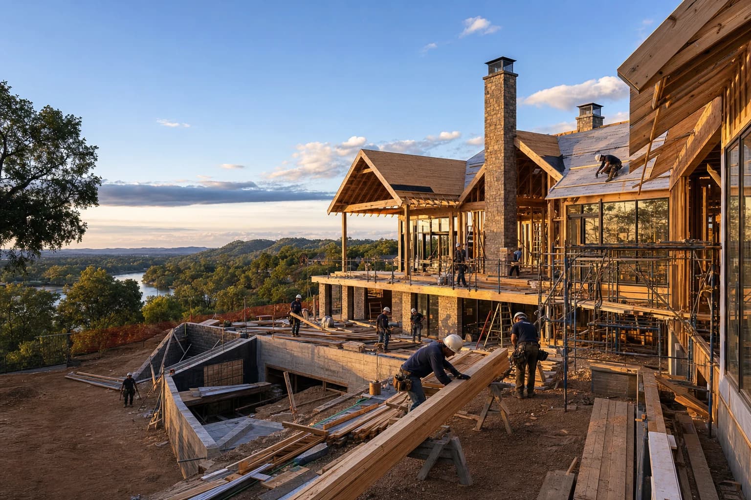 Professional construction crew executing a Custom Homes on a complex luxury site in Fredericksburg, Virginia