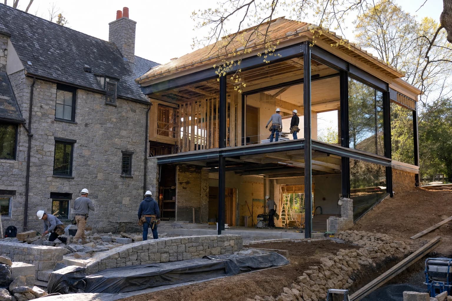 Professional construction crew executing a Home Additions on a complex luxury site in Fredericksburg, Virginia