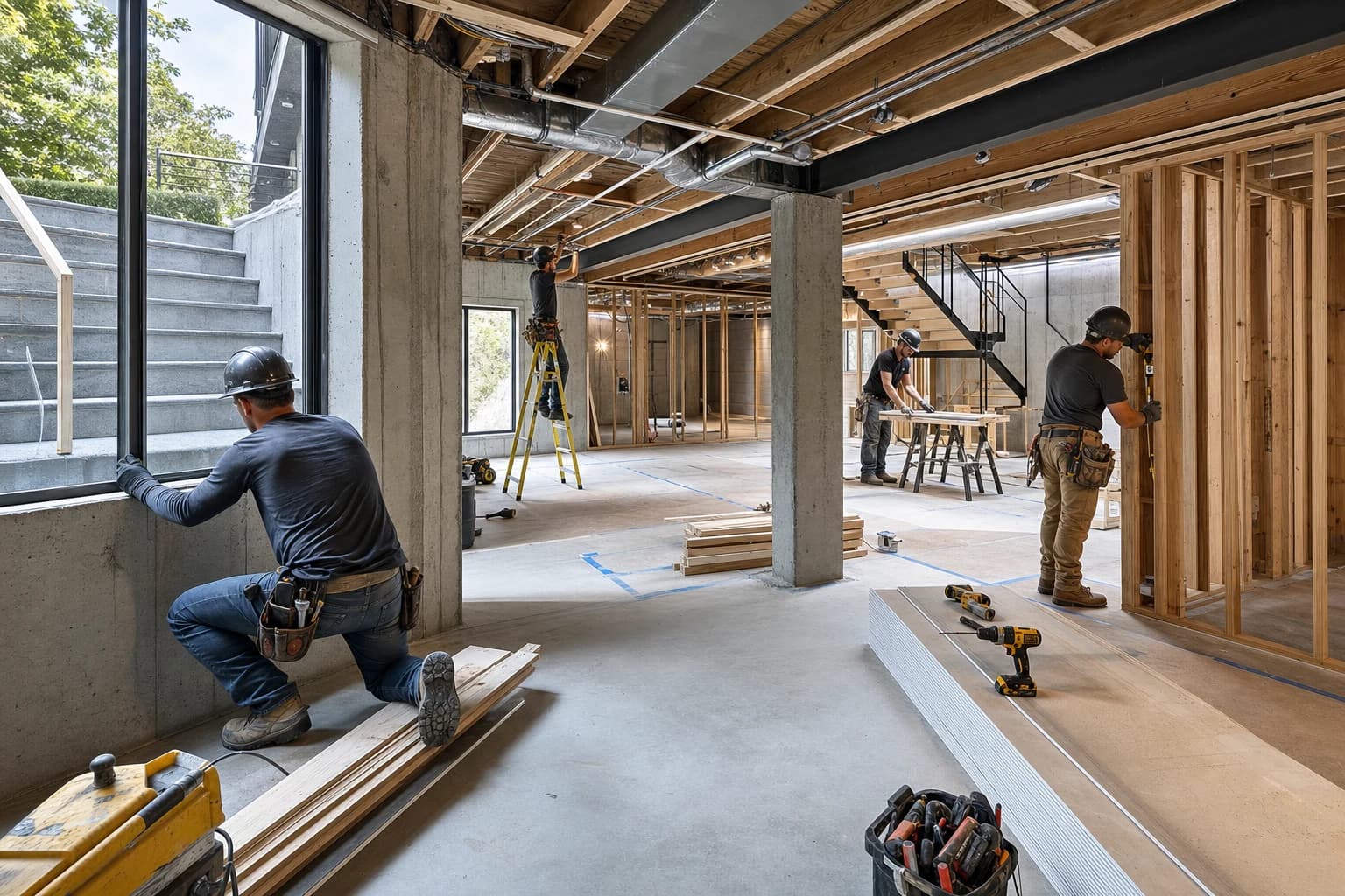 Professional construction crew executing a Basement Renovations on a complex luxury site in Gainesville, Virginia