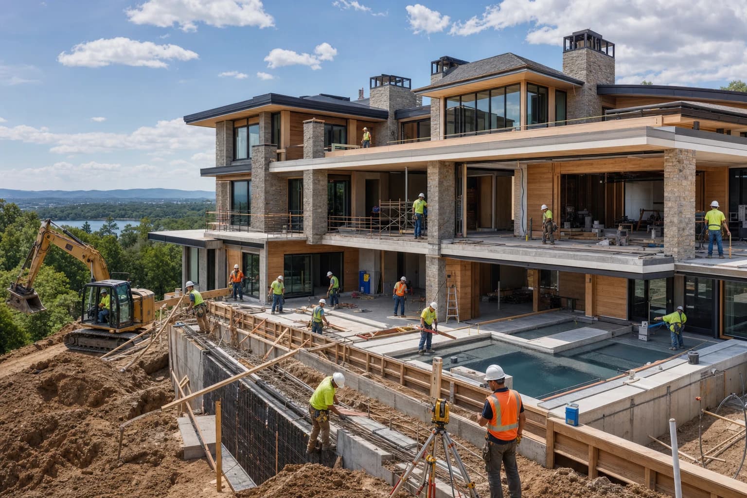 Professional construction crew executing a Custom Homes on a complex luxury site in Gainesville, Virginia
