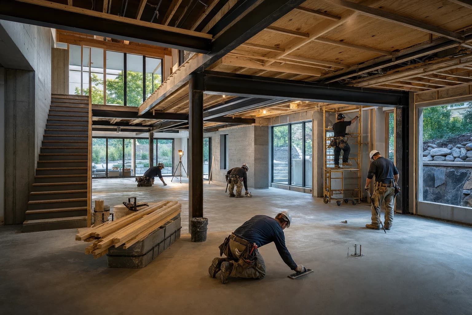 Professional construction crew executing a Basement Renovations on a complex luxury site in Great Falls, Virginia