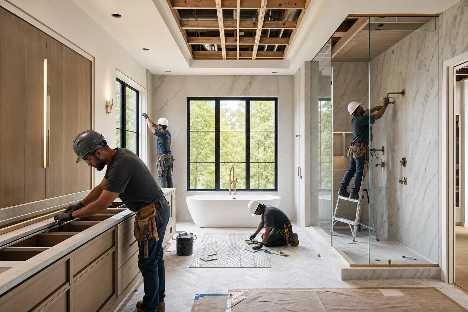Professional construction crew executing a Bathroom Remodeling on a complex luxury site in Great Falls, Virginia