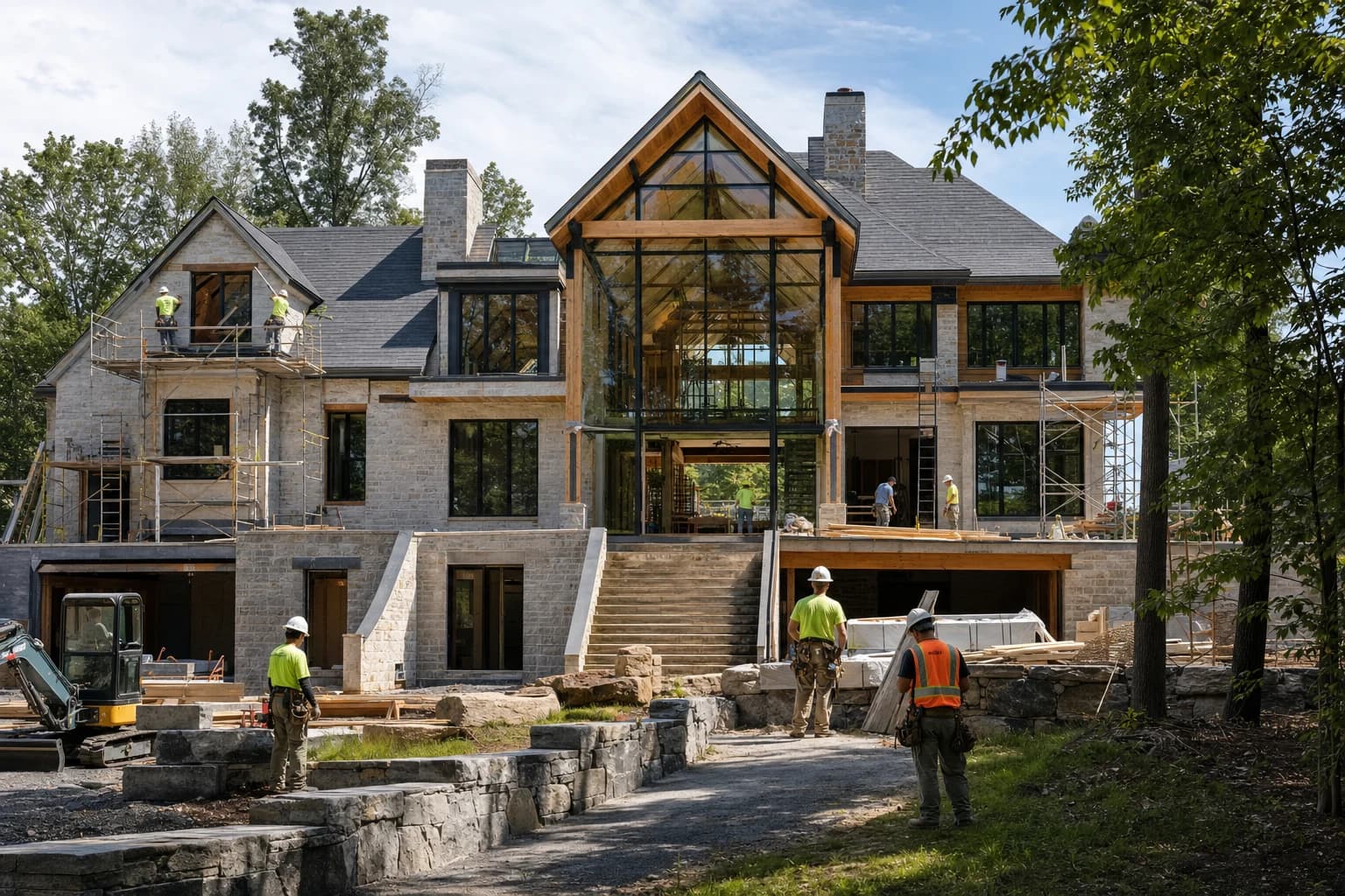 Professional construction crew executing a Custom Homes on a complex luxury site in Great Falls, Virginia