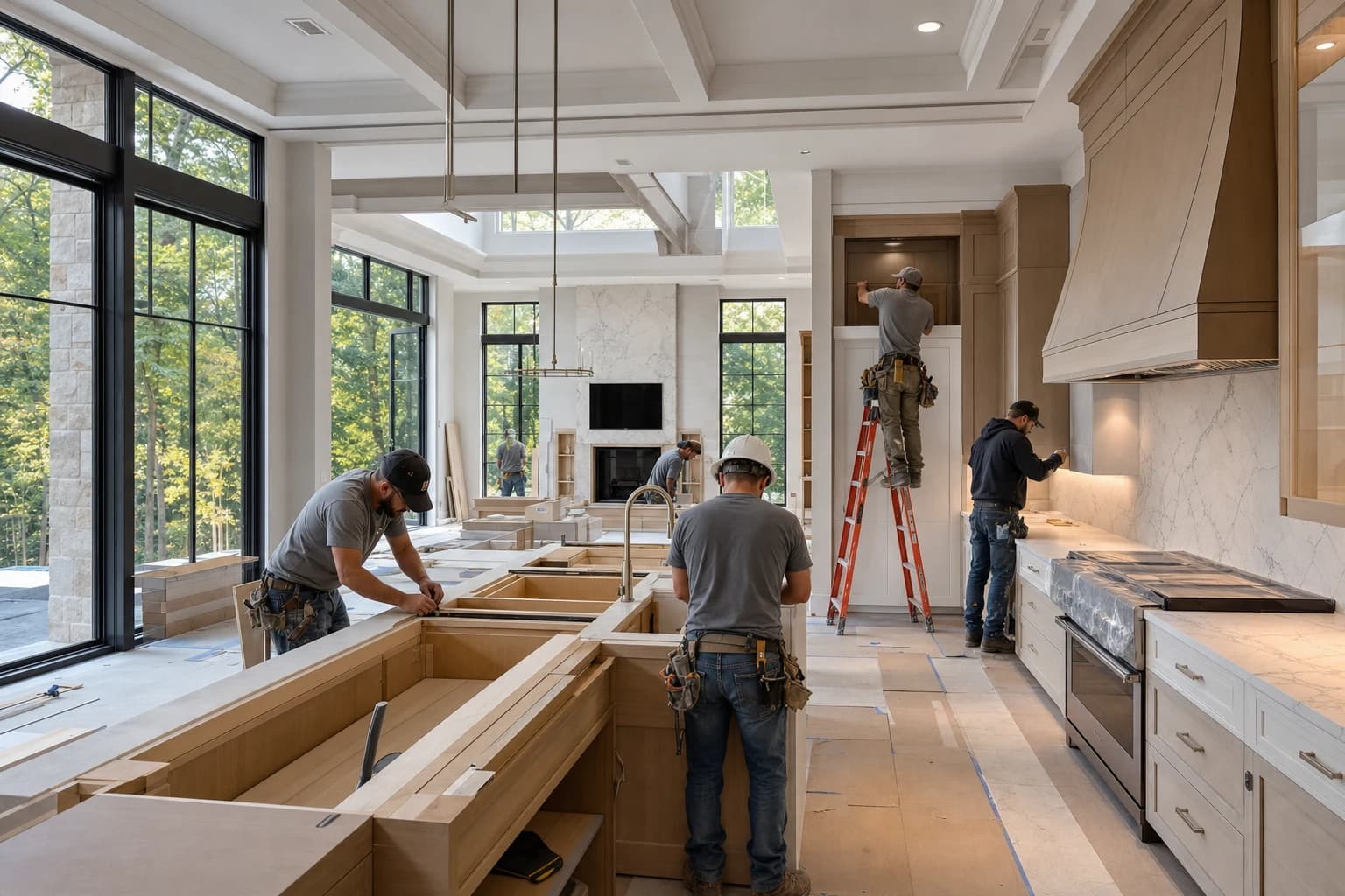 Professional construction crew executing a Kitchen Remodeling on a complex luxury site in Great Falls, Virginia