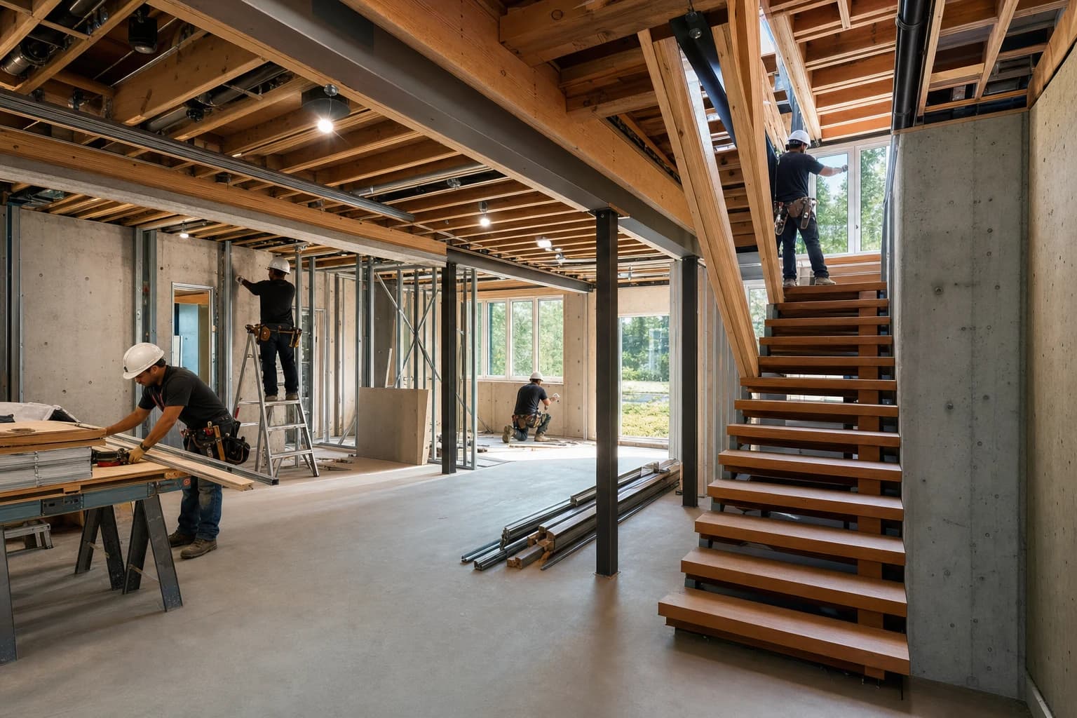 Professional construction crew executing a Basement Renovations on a complex luxury site in Haymarket, Virginia