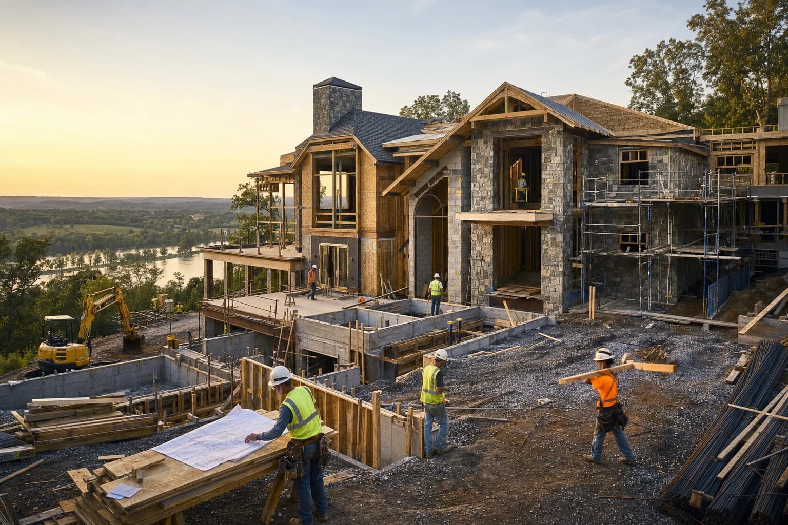Professional construction crew executing a Custom Homes on a complex luxury site in Haymarket, Virginia