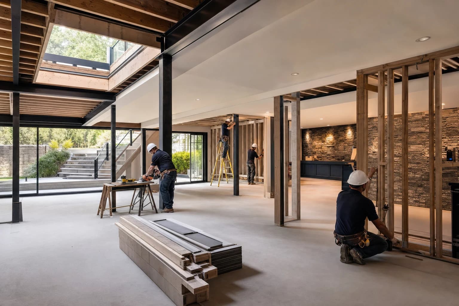 Professional construction crew executing a Basement Renovations on a complex luxury site in Leesburg, Virginia