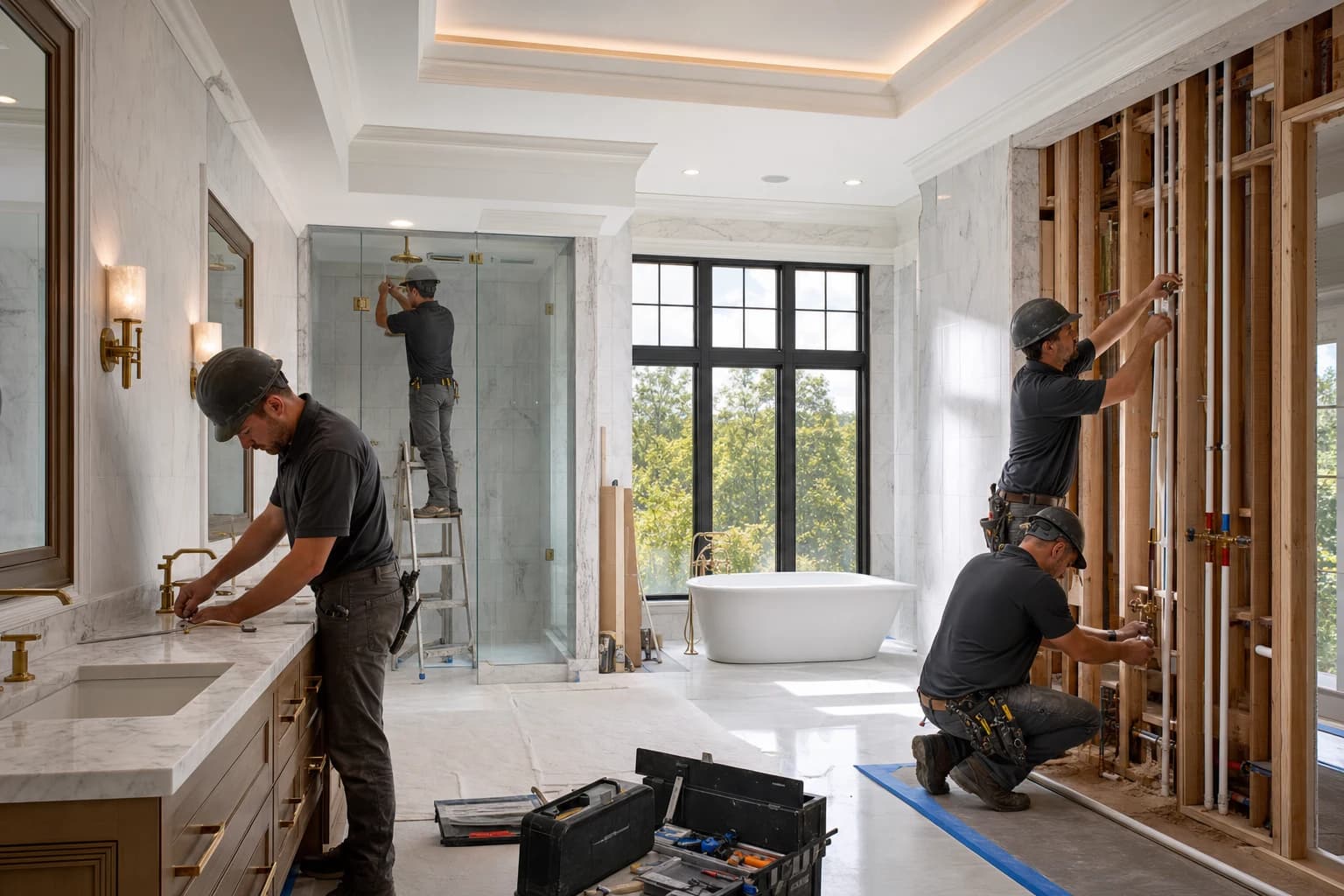 Professional construction crew executing a Bathroom Remodeling on a complex luxury site in Leesburg, Virginia