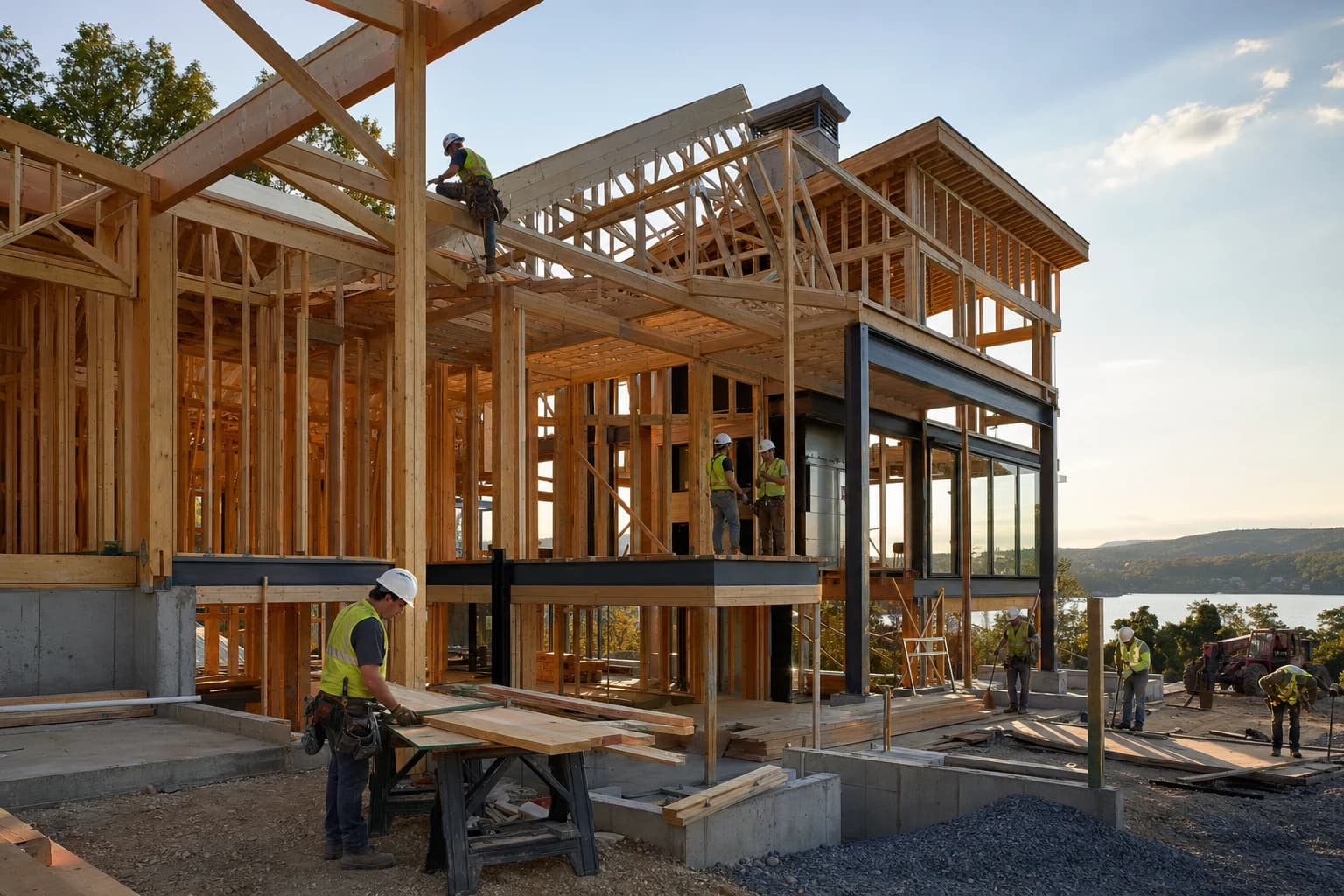 Professional construction crew executing a Custom Homes on a complex luxury site in Leesburg, Virginia