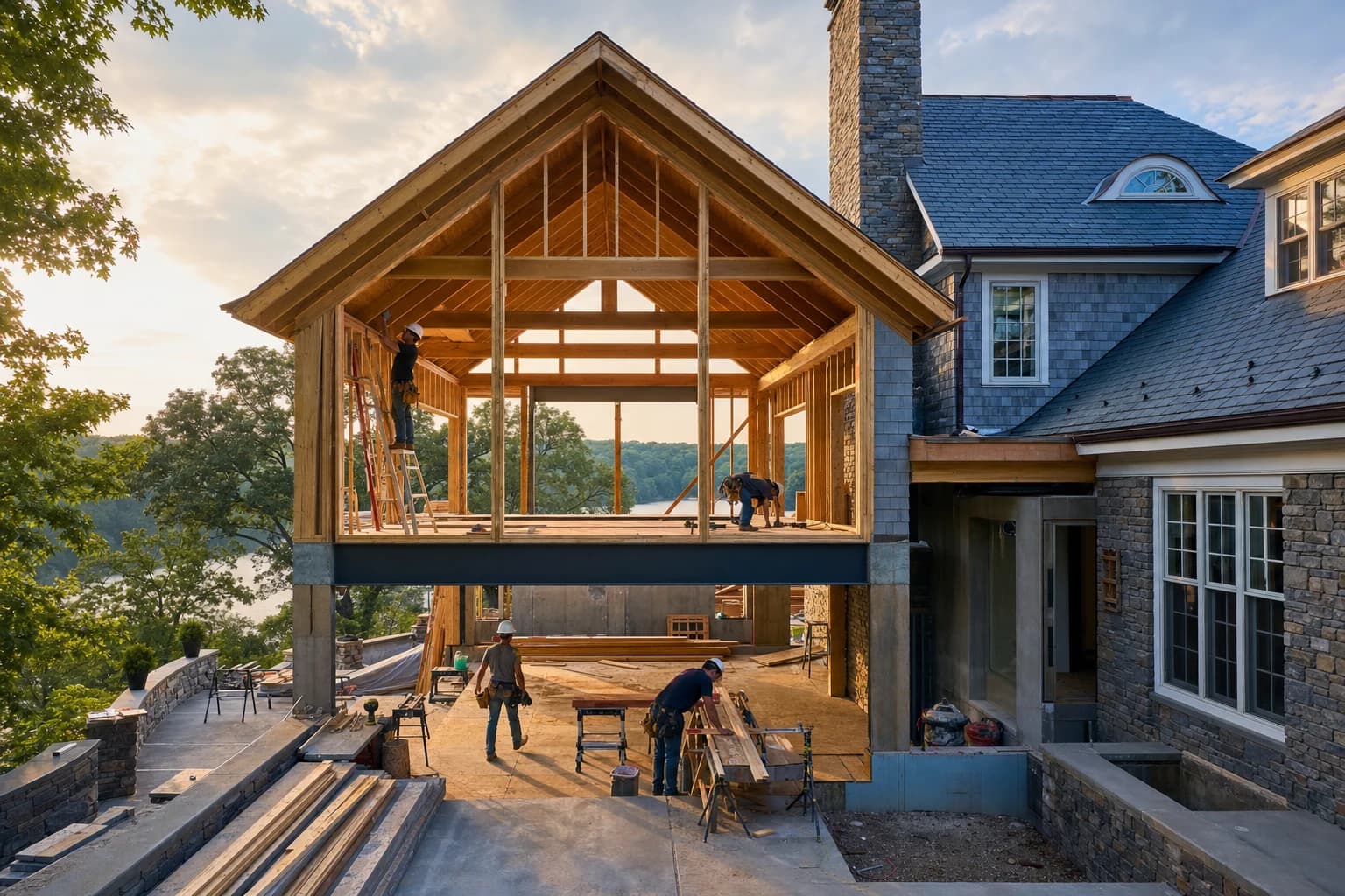 Professional construction crew executing a Home Additions on a complex luxury site in Leesburg, Virginia