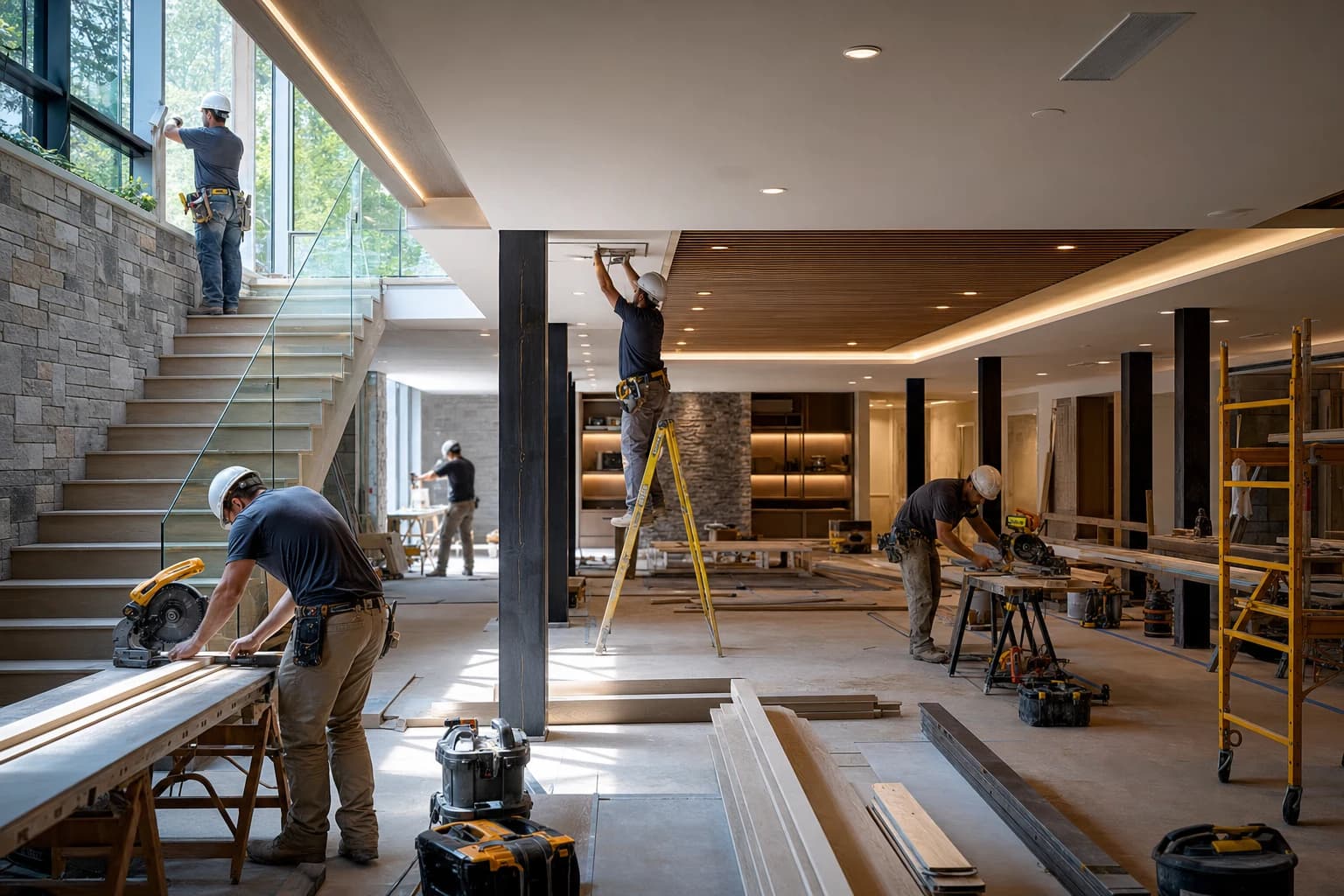 Professional construction crew executing a Basement Renovations on a complex luxury site in McLean, Virginia