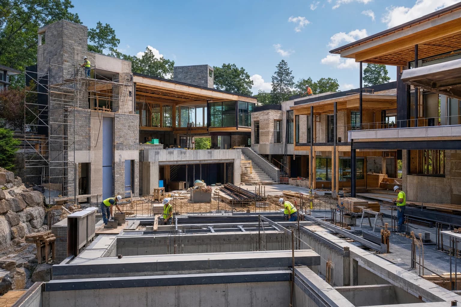 Professional construction crew executing a Custom Homes on a complex luxury site in McLean, Virginia