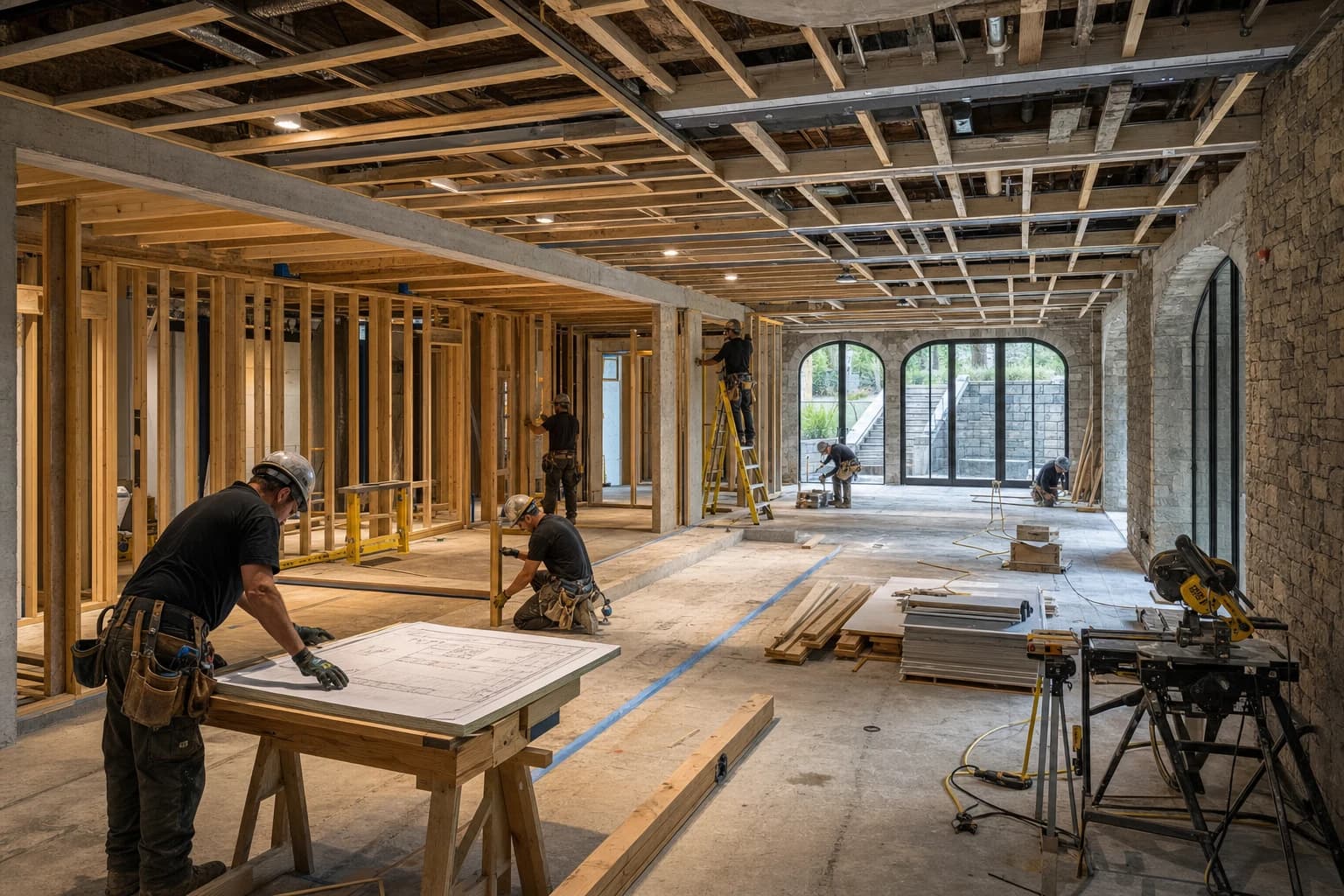 Professional construction crew executing a Basement Renovations on a complex luxury site in Middleburg, Virginia