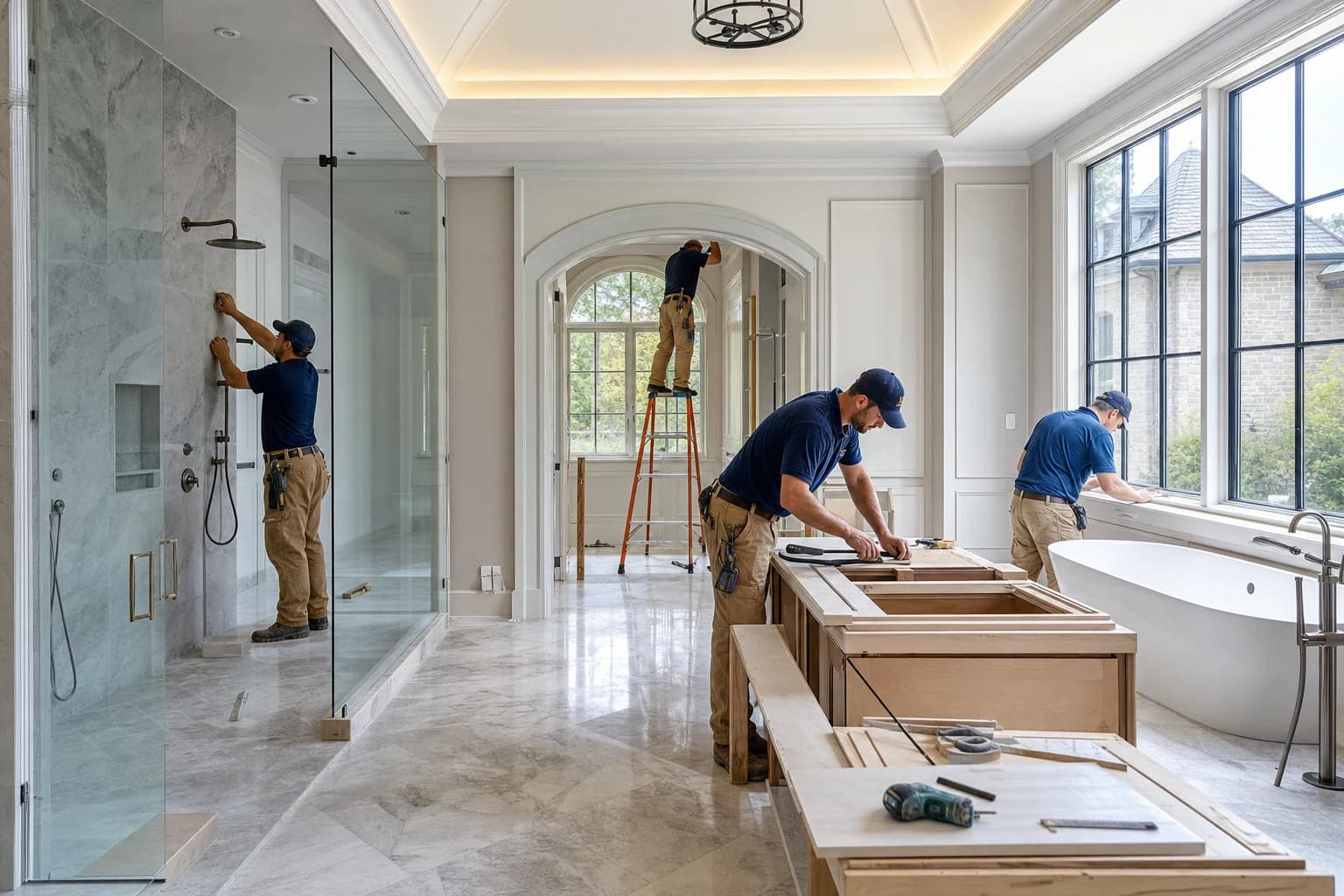 Professional construction crew executing a Bathroom Remodeling on a complex luxury site in Middleburg, Virginia