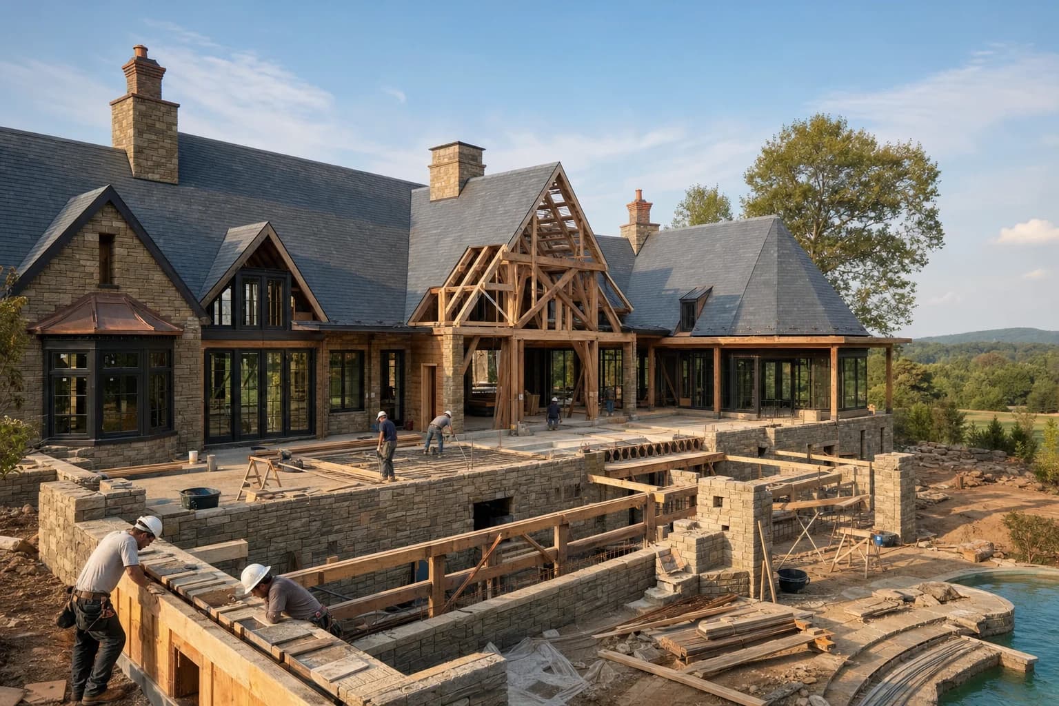 Professional construction crew executing a Custom Homes on a complex luxury site in Middleburg, Virginia