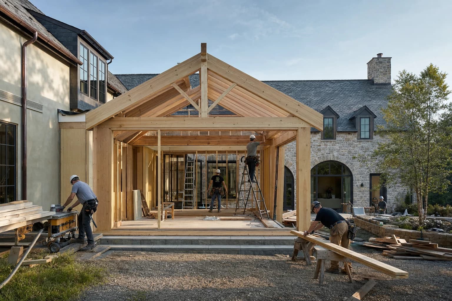 Professional construction crew executing a Home Additions on a complex luxury site in Middleburg, Virginia