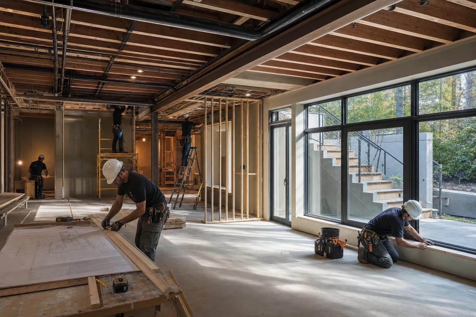 Professional construction crew executing a Basement Renovations on a complex luxury site in Mount Vernon, Virginia