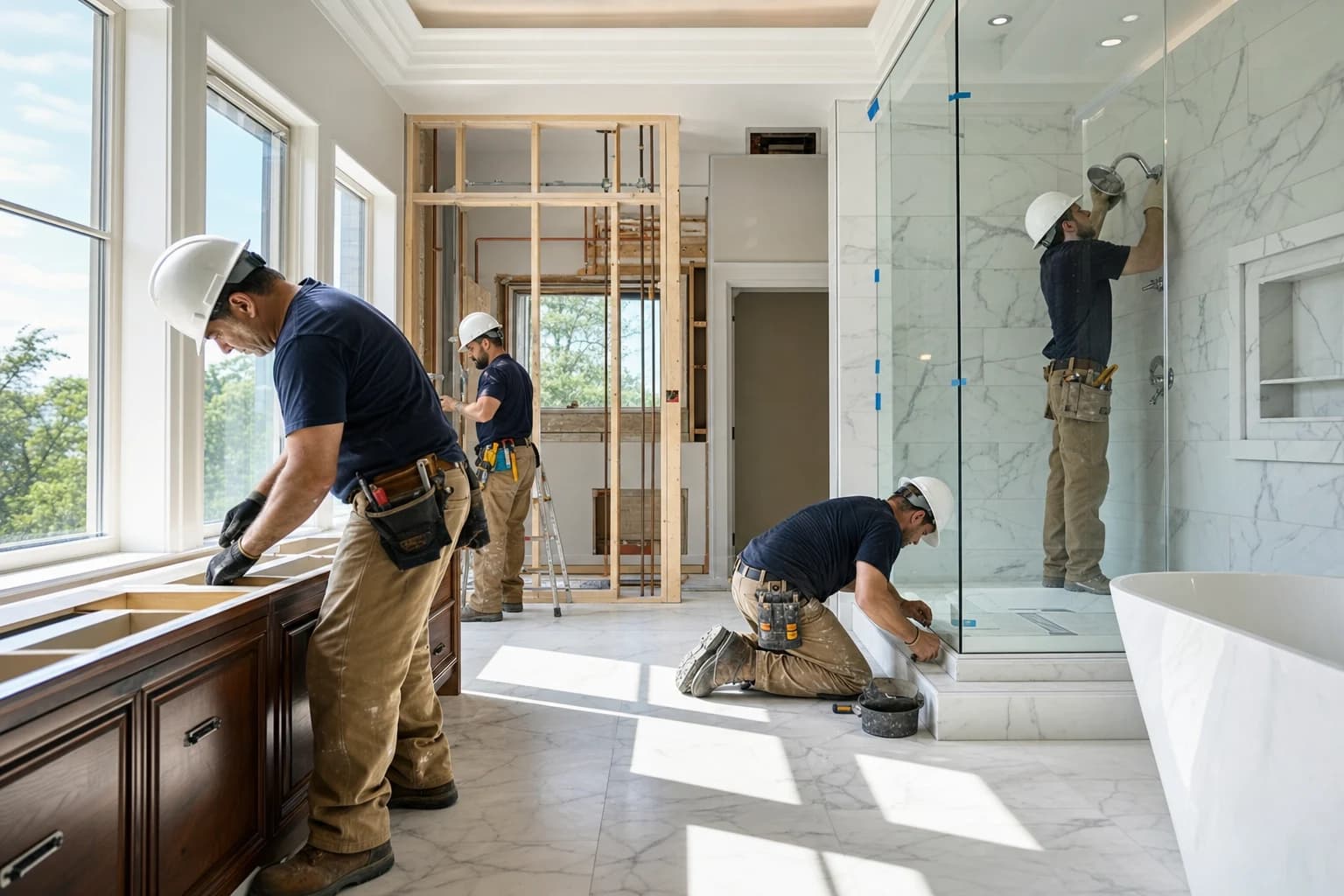 Professional construction crew executing a Bathroom Remodeling on a complex luxury site in Mount Vernon, Virginia